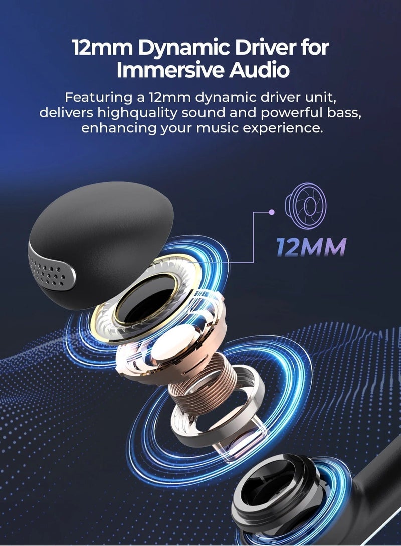 هافيت سماعات أذن لاسلكية TWS مفتوحة ومكبّسة مع تصميم مشبك – سماعات بلوتوث V5.3 مع ميكروفون مزدوج، إلغاء ضوضاء ذكي للمكالمات، صوت ستيريو عالي الجودة HiFi، تصميم مريح، مقاومة للماء والعرق بتصنيف IPX4، عمر بطارية طويل 23 ساعة مع علبة الشحن، شحن سريع بمنفذ تايب سي، تحكم ذكي باللمس، مكالمات بدون استخدام اليدين للركض وصالة الألعاب والعمل، سماعة بلوتوث محمولة، لون أسود - Image 3